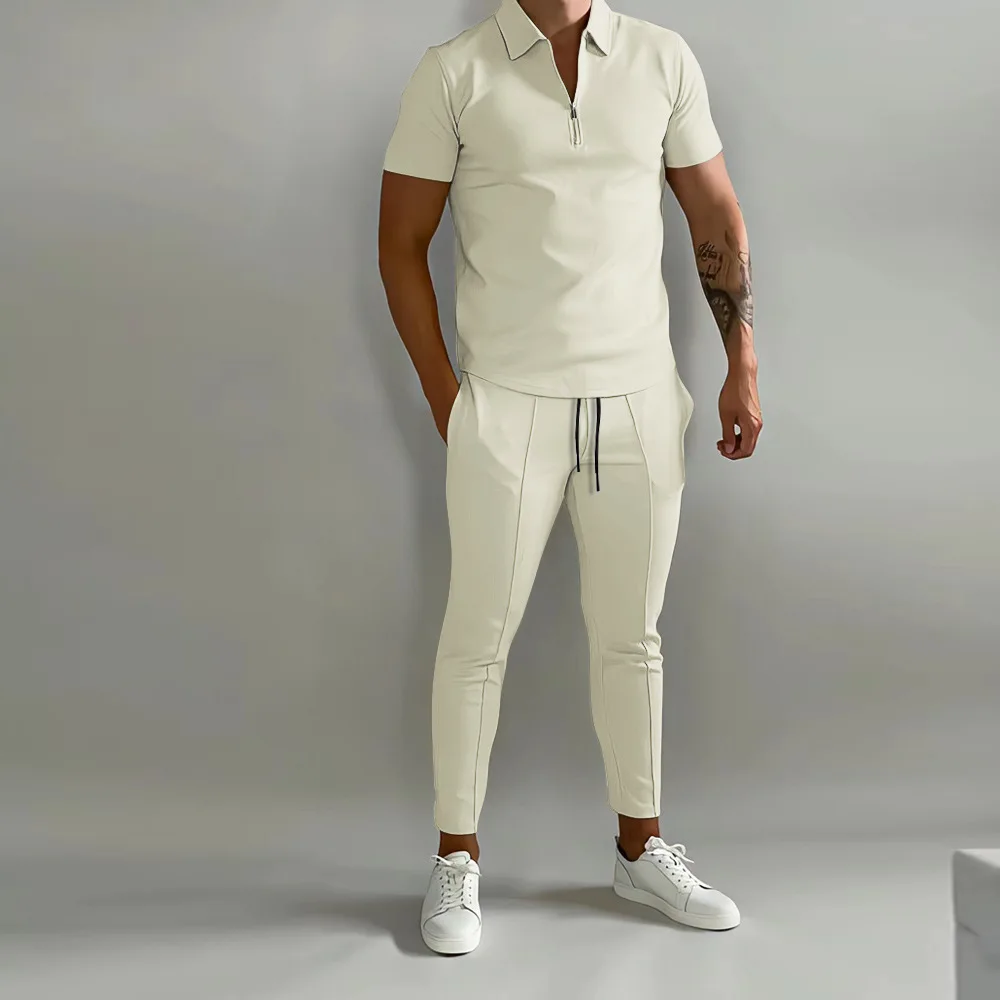 2023 Summer Men's Sports Suit Solid Casual Loose Comfortable Male Set Short-Sleeve Polo Shirt & Shorts Two-Piece Suit Man