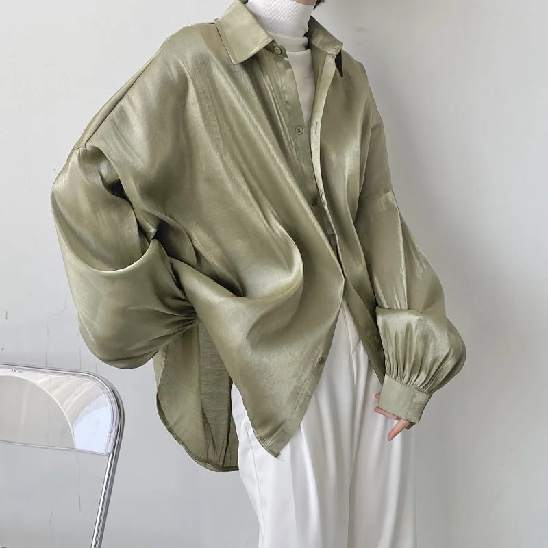 

Fashion Designer's Draping Loose Leisure Dance Chiffon Trend New Package Mail Men Korean Shirt Silk Bubble Long Sleeve Shirts