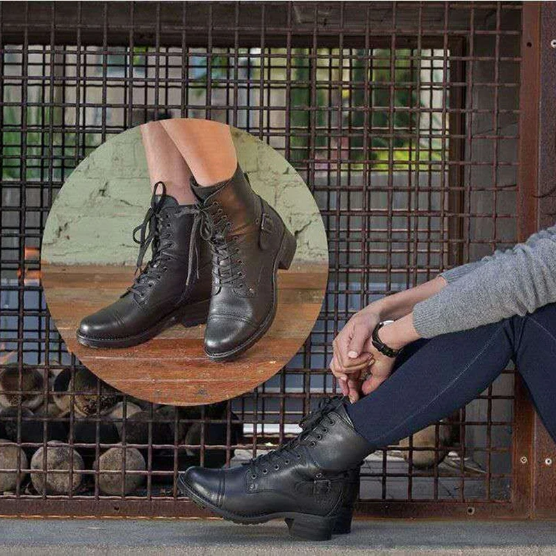 

Mid Heel Winter Boots Women'S PU Leather Round Toe Classic Black Lace-Up Warm Lady Martin Boots Winter