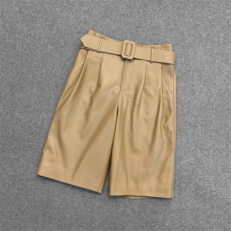 Genuine Real leather shorts Women High Waist Knee Length Straight Shorts Sheepskin Streetwear 2023 Clothing