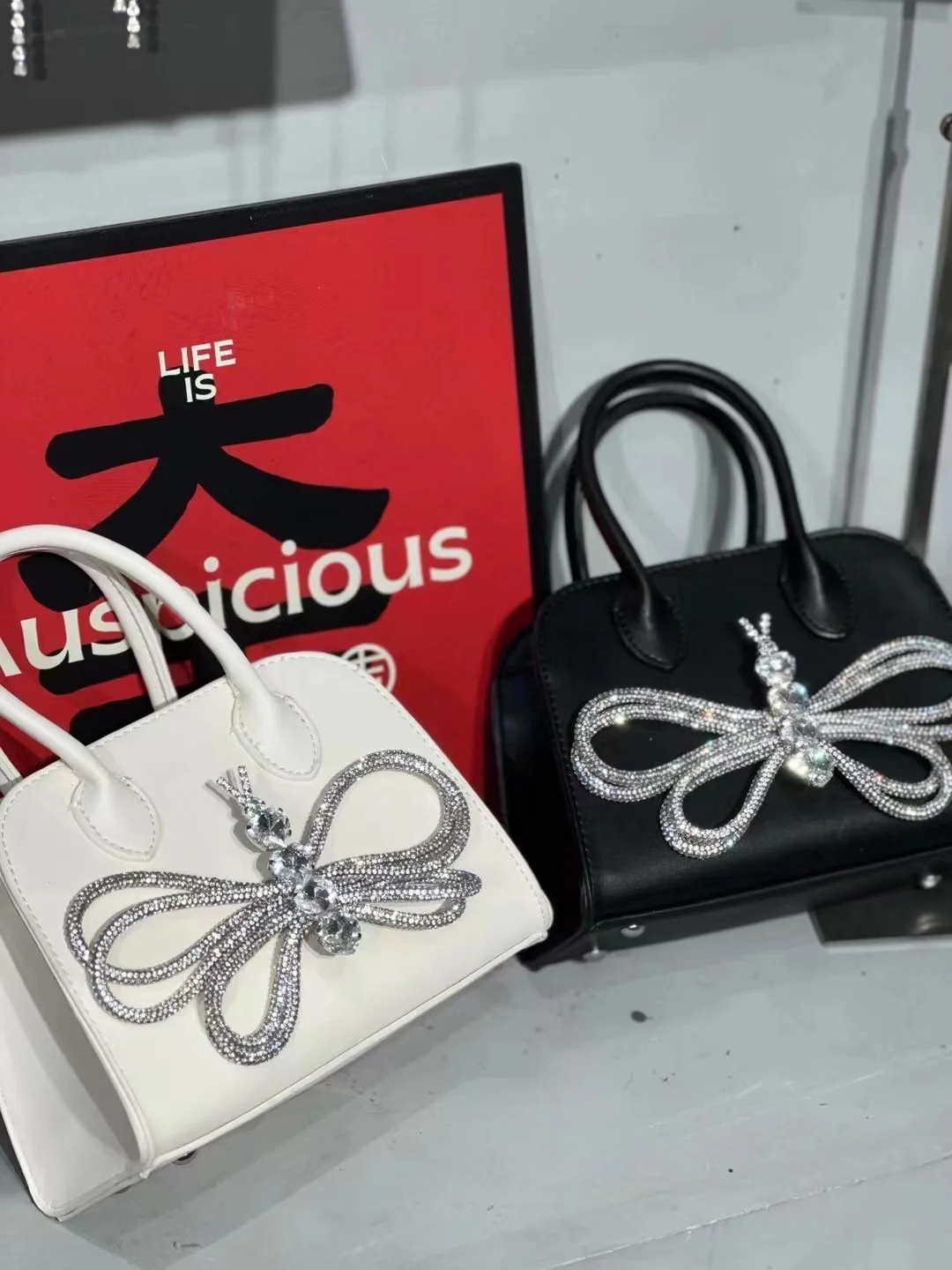 

Luxury Designer Soft Leather Women's Handbag Rhinestone Diamond Bow Knot Evening Bag Party Clutch Purse Shoulder Messenger Bag