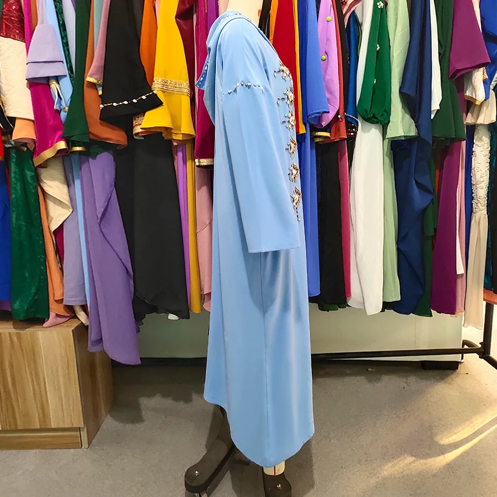 Women's Elegant Party Dresses Rhinestone Hooded Abayat Long Sleeve Split Hem Robe Abaya Ramadan Dress Jalabiya