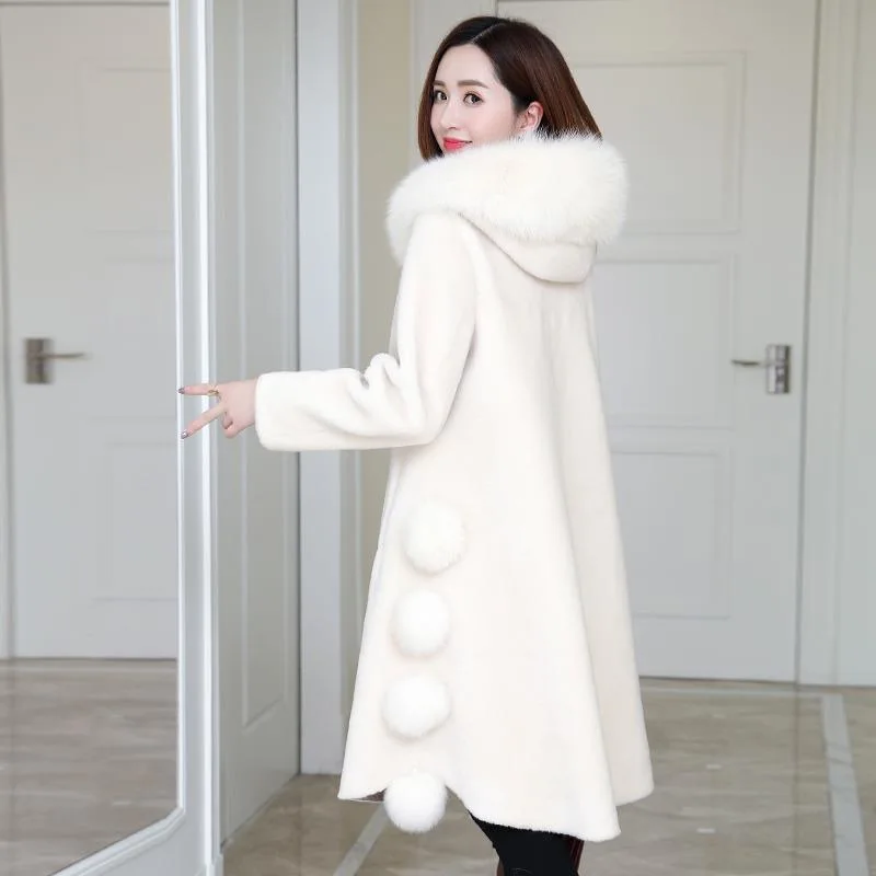 2022 new sheep shearling coat women's mid-length fur one fox fur grain wool fur coat