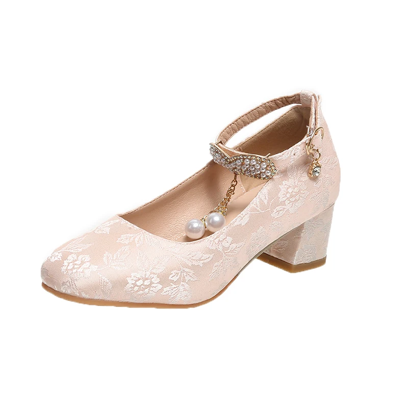 Женские туфли-лодочки с жемчугом розовые или бежевые туфли в китайском стиле