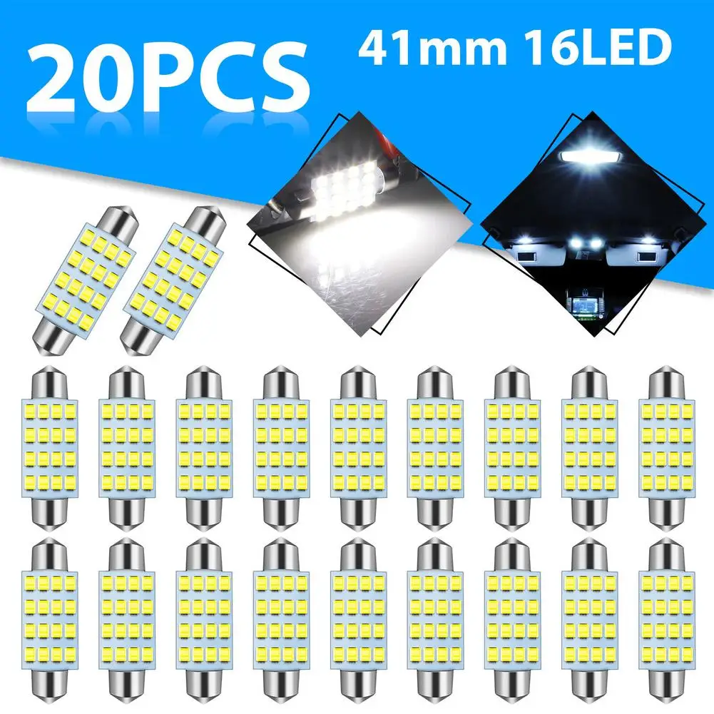 

20pcs Car Dome Map Light Bulb Aluminum 6000k Super White 41mm 42mm Festoon LED Indoor License Plate Lamp Bulbs Multifunctional