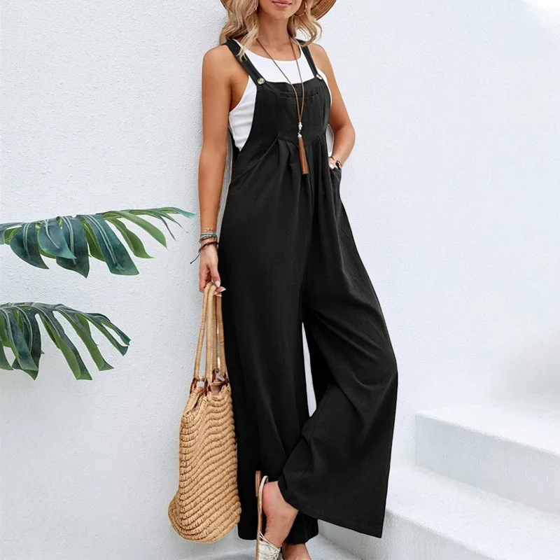 Women Casual Jumpsuits 2023 Summer Vintage Cotton Linen Straps Wide Leg Pants Fashion Spaghetti Strap Solid Bib Overalls Outfit