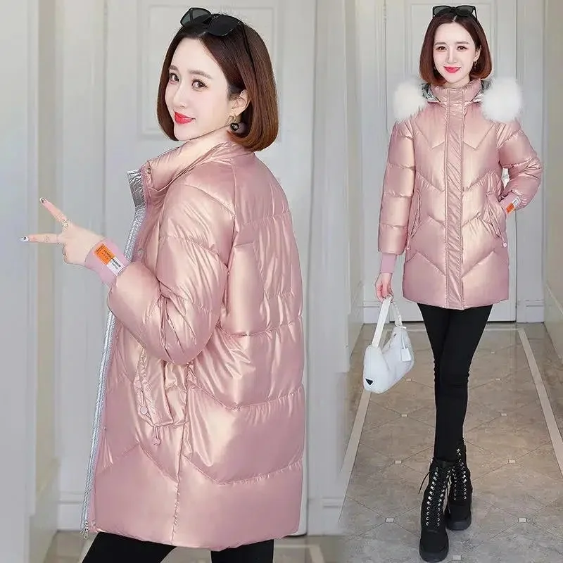 New Winter Jacket Women Parkas Long Glossy Down Cotton Padded Parka Fur Collar Hooded Female Jacket Thicken Warm Outwear