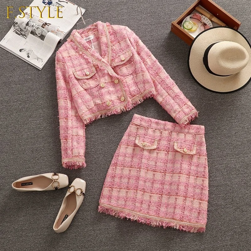 Temperament Tassels Pocket Tweed Cropped Jacket Women Chic Short Skirt Two Piece A-line Skirt Spring Autumn New Fashion Suit