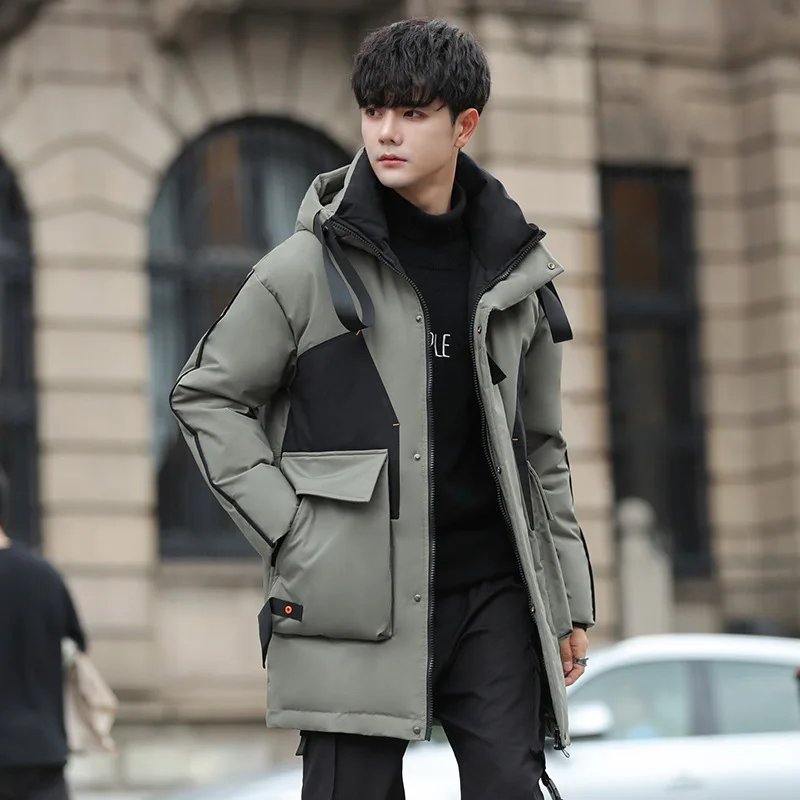 Down Jacket New Hooded Middle Long Young Students Trend Warm Thickened White Duck Down Men's Coat