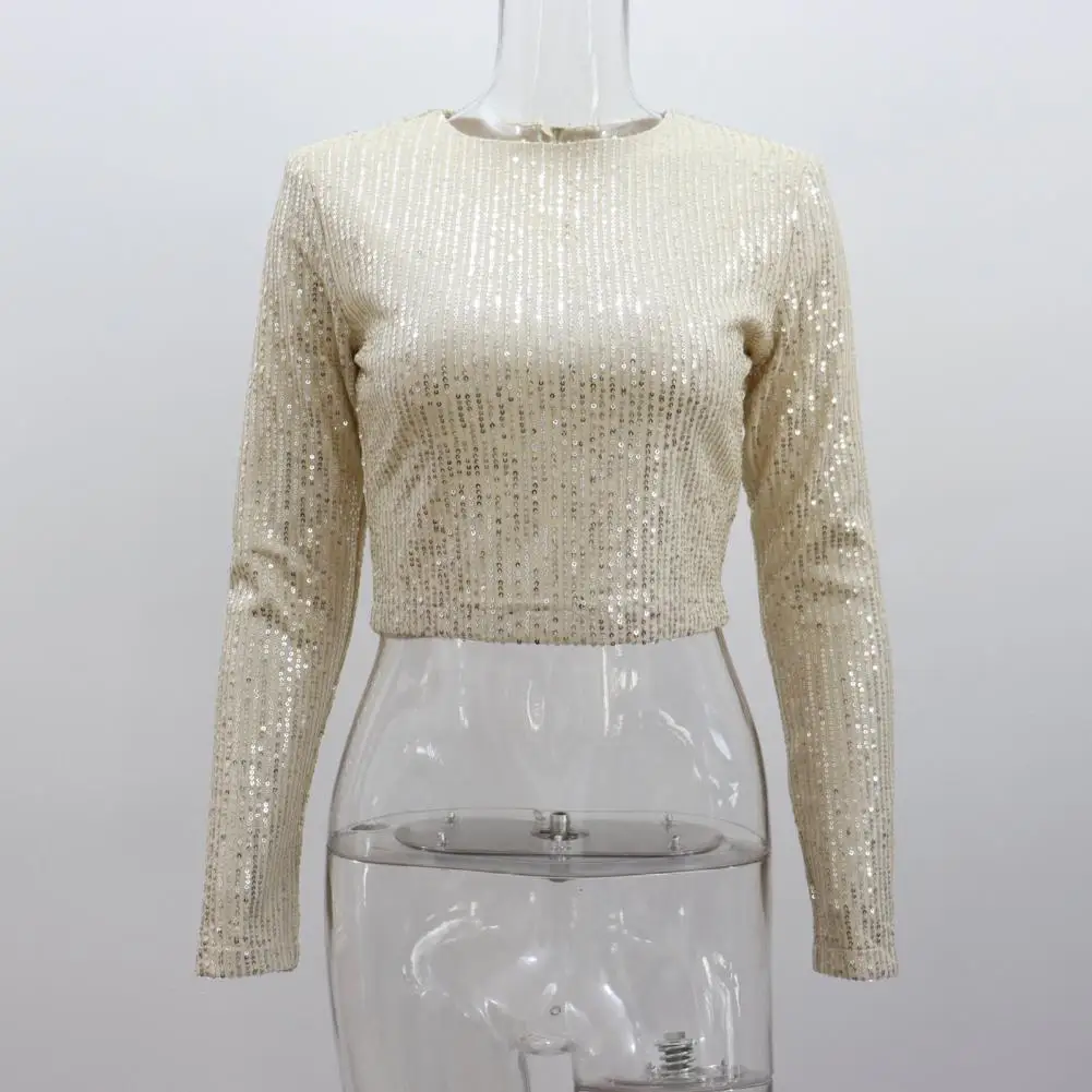 Женский топ с пайетками украшенный укороченный длинными рукавами для женщин
