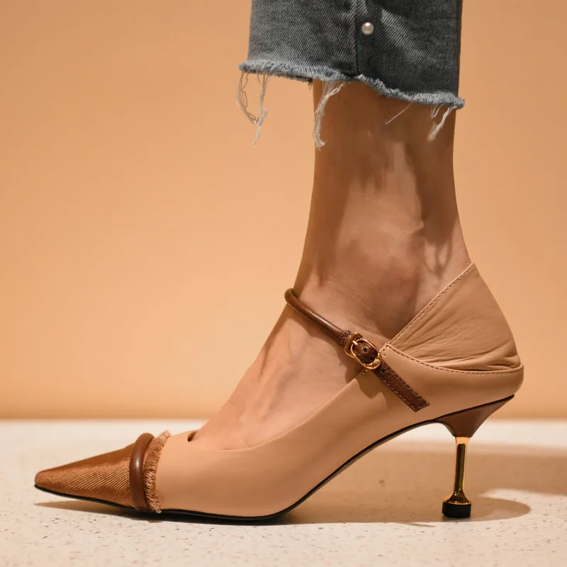 

Туфли-лодочки женские с острым носком, элегантные туфли из воловьей кожи, танцевальная обувь во французском стиле, с металлическим каблуком, в ретро-стиле, для Мопсов, весна-осень