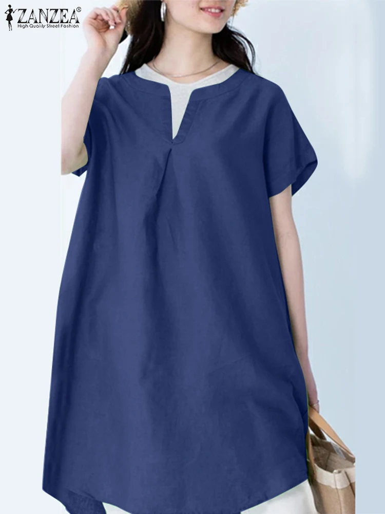 

2022 ZANZEA Women Summer Sundress Fashion V Neck Short Dress Short Sleeve Knee Length Vestidos Female Casual Solid Robe Femme