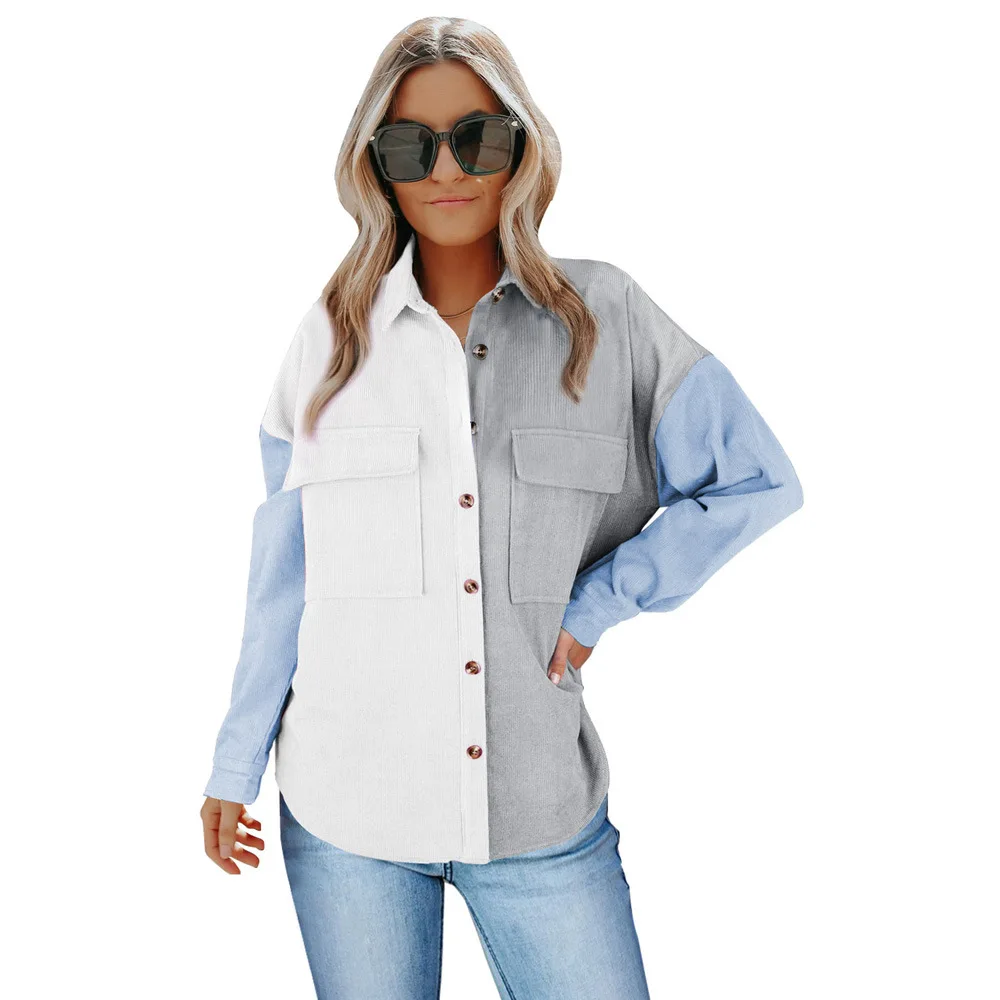 

Color Block Stitching Long Sleeve Blouse Spring and Autumn Women's Loose Long Single-breasted Shirt Corduroy Casual Tops Mujer
