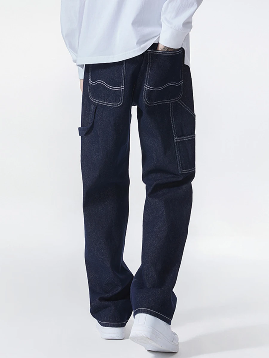 Four Seasons American Primary Color Dark Blue Jeans Men's Trendy American High Street Straight Pants Y2K Men Jeans Streetwear