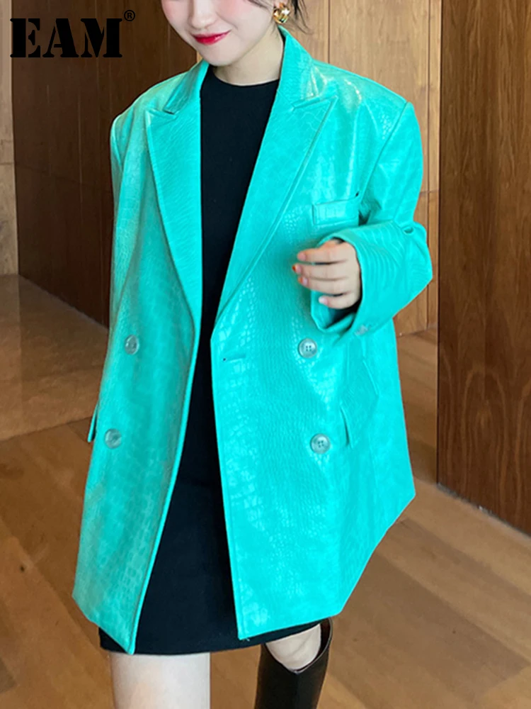 

[EAM] Women Green Pu Leather Big Size Blazer New Lapel Long Sleeve Loose Fit Jacket Fashion Tide Spring Autumn 2022 1DD6438