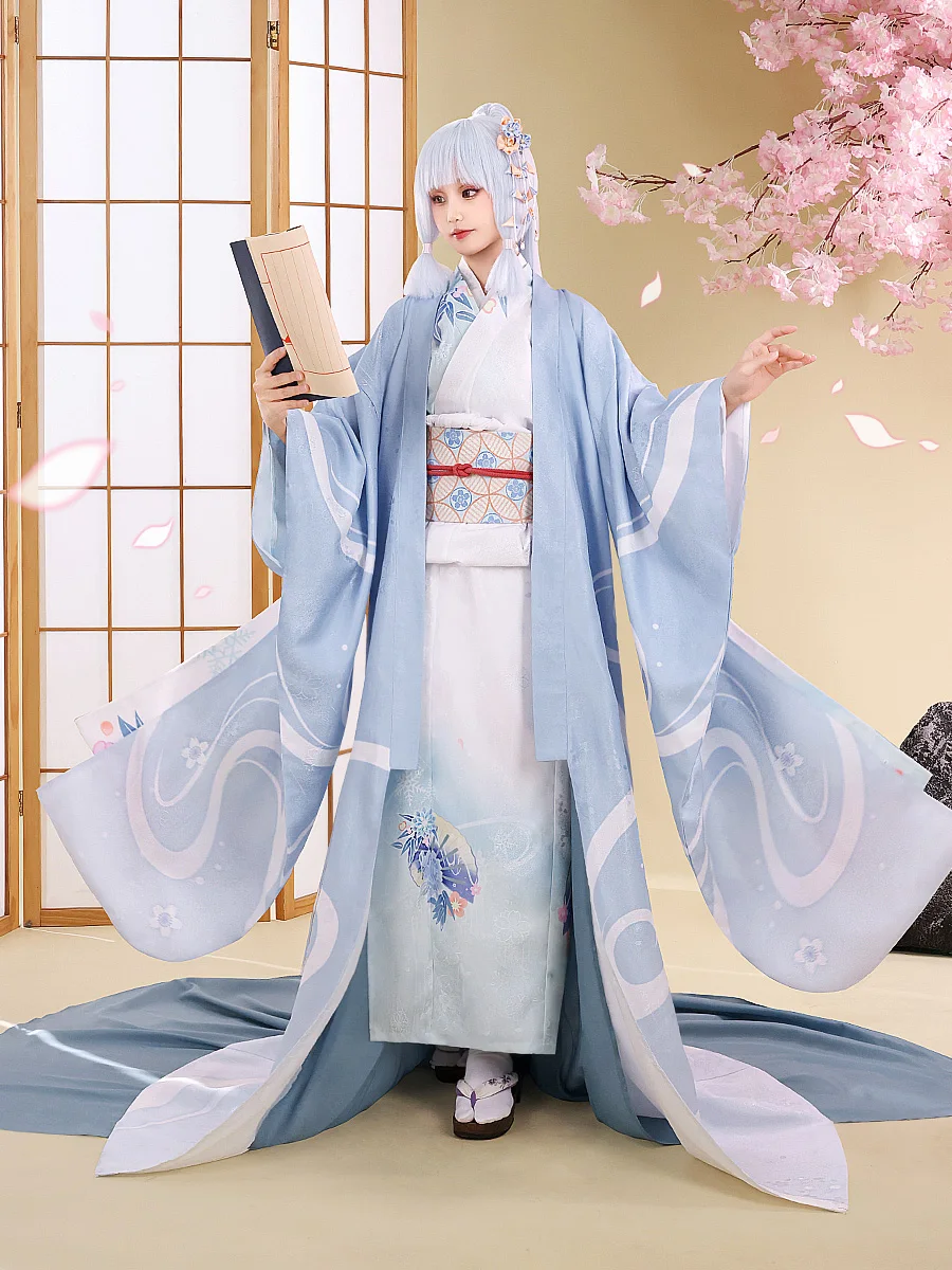 

Hot Anime Game Genshin Impact Five Kasen Kamisato Ayaka Cosplay Costume Female Kimono Suit Cloak Wig Role Play Clothing