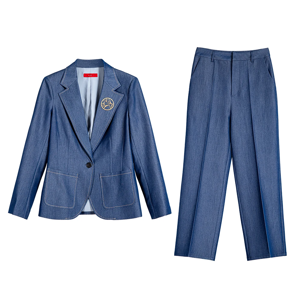 

Женский брючный костюм из двух предметов, голубой элегантный джинсовый брючный костюм, блейзер и леггинсы, деловой костюм из двух предметов, осень 2023