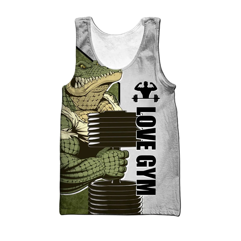 

HX Crocodile Love GYM Tank Tops 3D Cartoon Animal Letter Print Tops Sleeveless Vests Harajuku Fashion Fitness Men Clothing