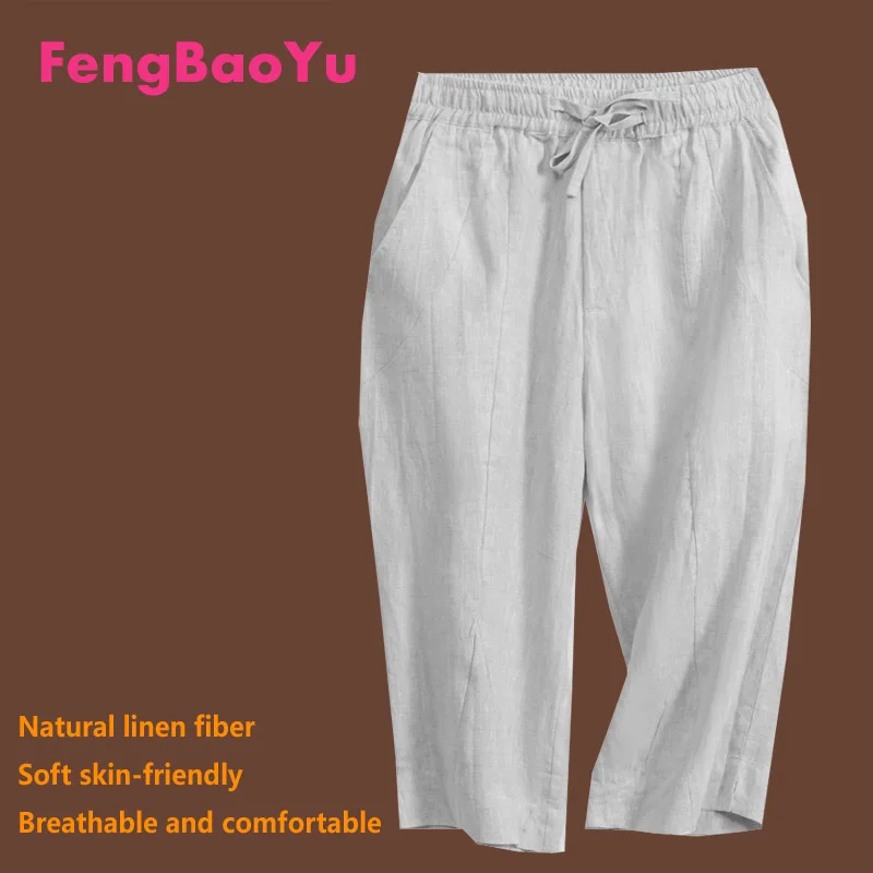 Linen Cropped Pants Men's Summer Thin Chinese Style Casual Loose Straight Tube Elastic Waist Lace-up Hemp Material Free Shipping