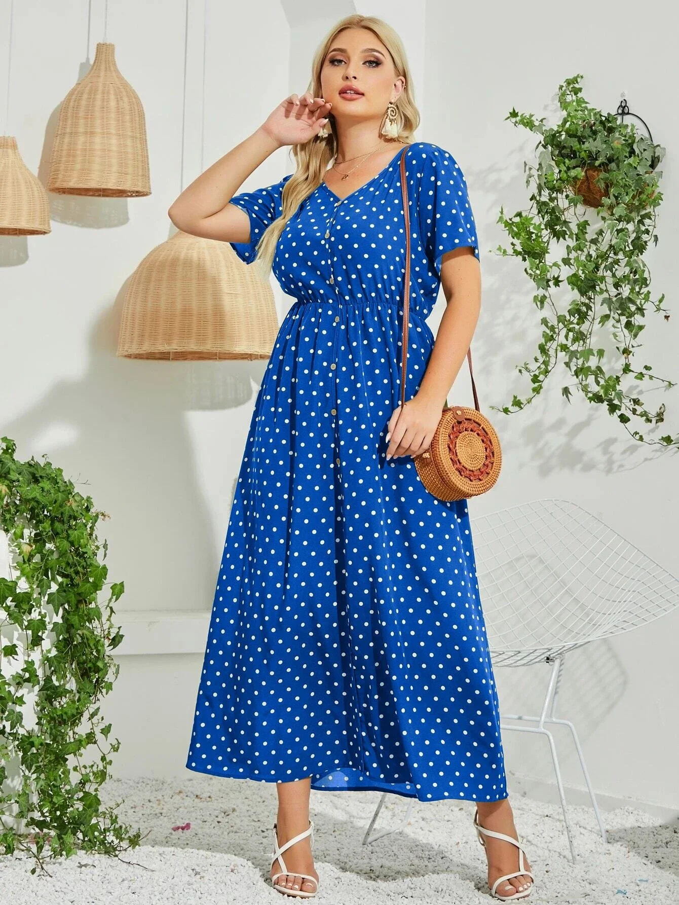 

Plus Polka Dot V Neck A-line Dress