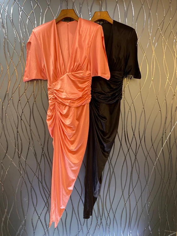 

2022 new women fashion short-sleeved V-neck waist wrinkled kink hem irregular cut slanted dress 419
