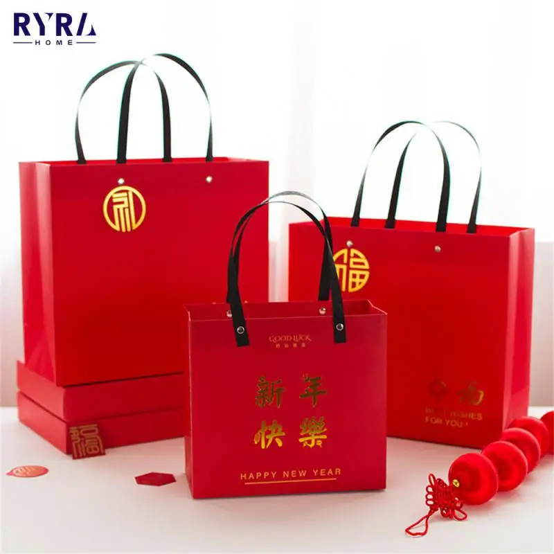 

New Year Red Gift Bag Spring Festival Blessing Bag Gift Packaging Handheld Paper Bag Companion Gift Box Bag Annual Meeting Hot