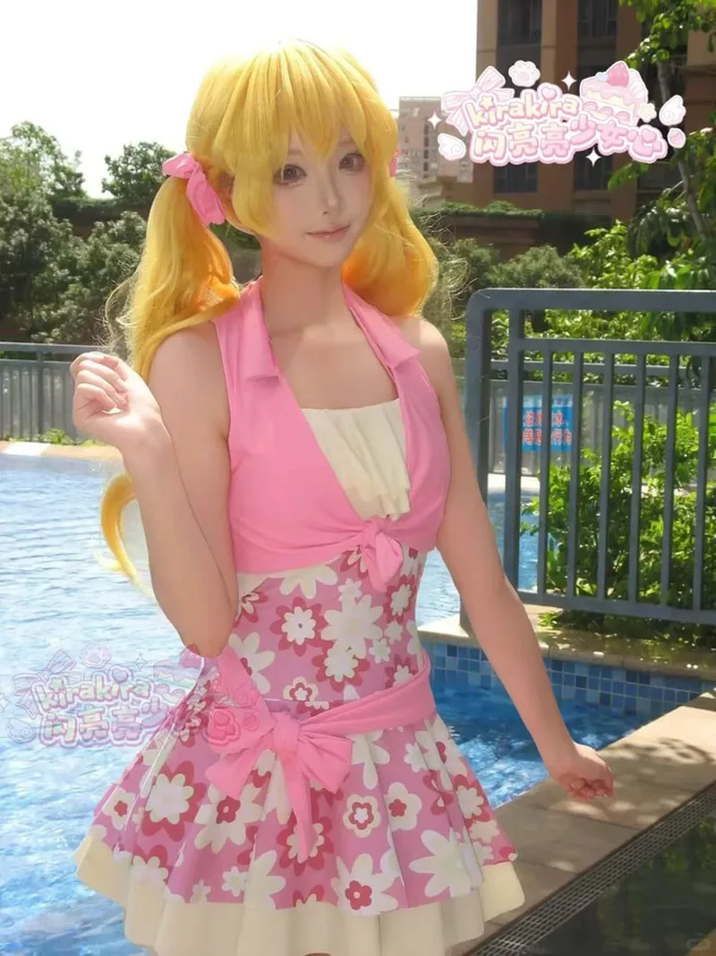 Фото Айкацу! Hoshimiya Ichigo косплей купальник милая девушка с высокой талией для похудения Cover up рюшами бандо цветок купальный костюм купальный костюм №3