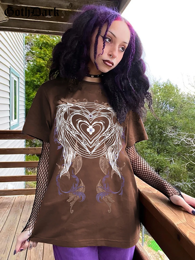 

Goth Dark Fairycore Grunge Graphic Cute Loose T-shirts Gothic Vintage Brown Women Summer Tops Harajuku Short Sleeve Streetwear