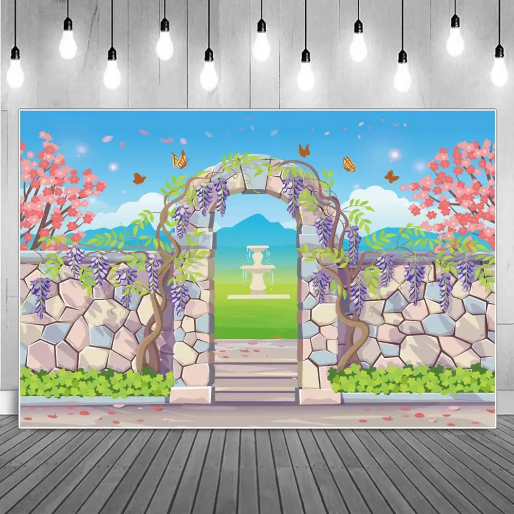 

Garden Flowers Photography Backdrop Peach Blossom Decoration Spring Children Marble Fence Door Party Studio Photocall Background