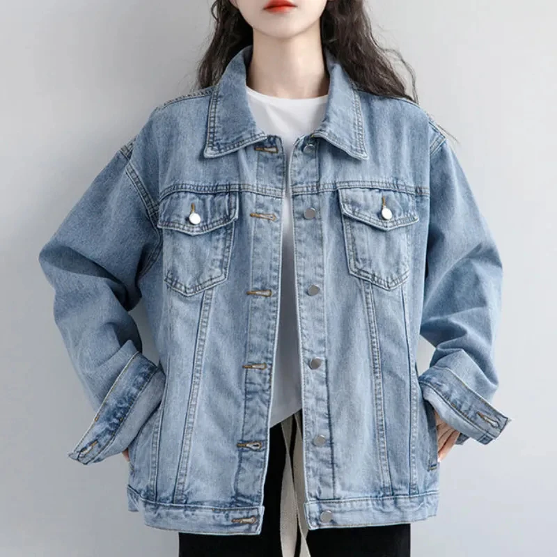 

Женская джинсовая куртка с отложным воротником, синяя Повседневная Свободная куртка из хлопка в Корейском стиле, с длинным рукавом, в винтажном стиле, верхняя одежда в стиле оверсайз, Осень-зима