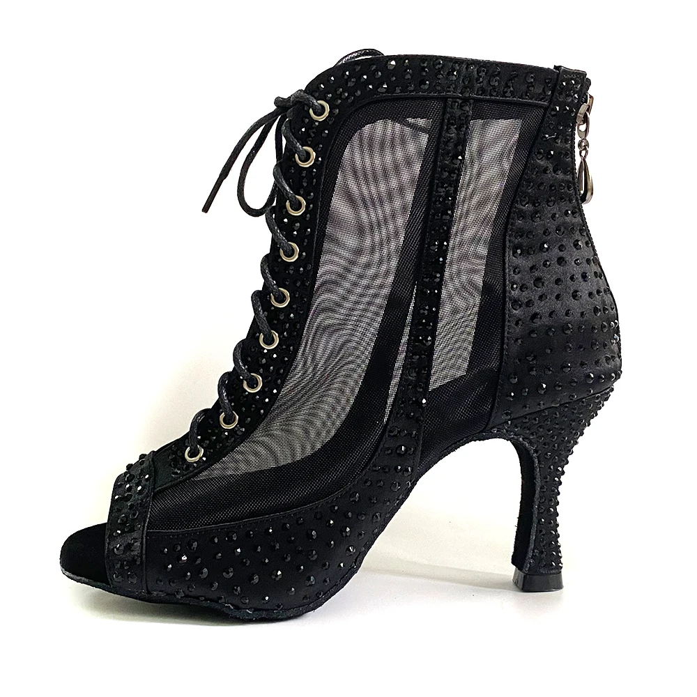 Dance Booties Styles in Different Heels 7cm 8cm 9cm Black Satin Rhinestones Latin Ballroom Dance Shoes For Girls Indoor Outdoor