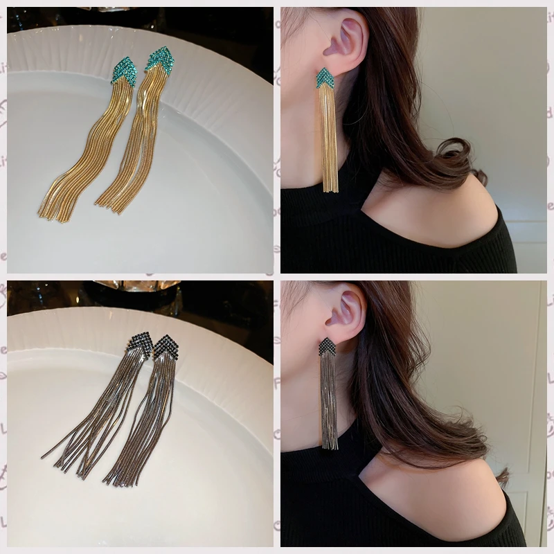 

Luxury Elegant Sliver Needle Geometric Crystal Long Tassel Earrings for Women Trendy Chic Daily Party Earrings Y2K Kpop Jewelry