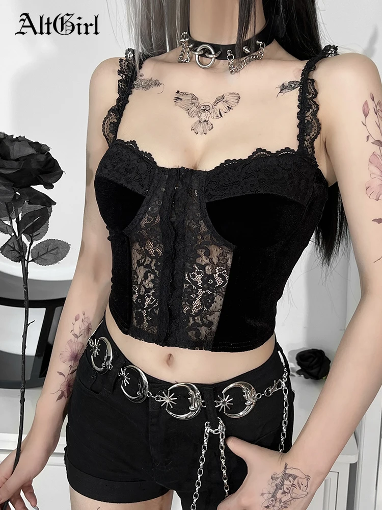 

Женский укороченный топ-майка AltGirl, готическая Черная кружевная уличная одежда в стиле Харадзюку, Вельветовая рубашка в стиле гранж, Y2k, одеж...