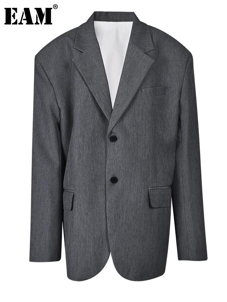 

[EAM] Женский блейзер серого цвета сзади, большой размер, новая свободная куртка с отворотом и длинным рукавом, весна-осень 2023, CP0798