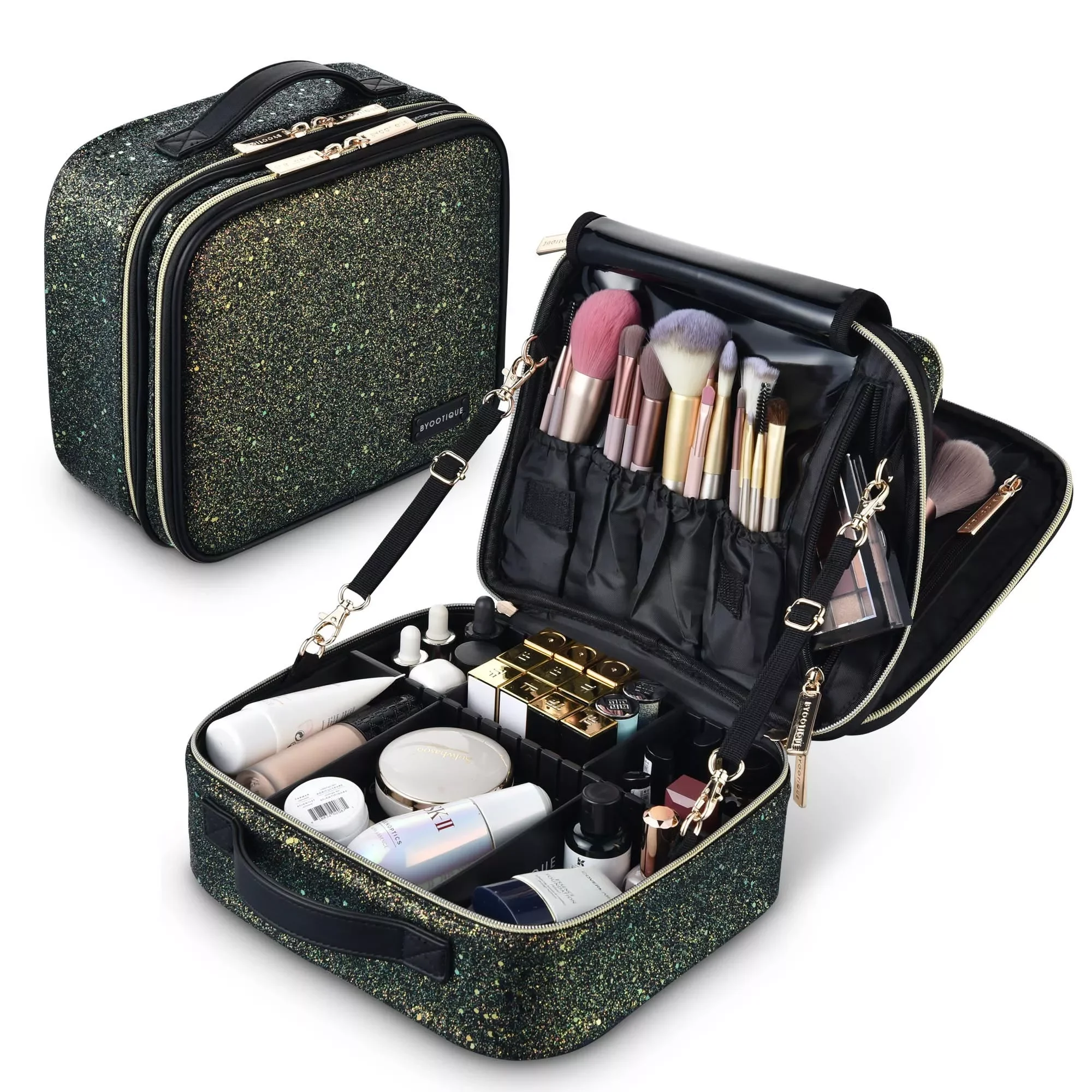 

NEW2023 Byootique Portable Makeup Bag Train Case Brush Holder Cosmetic Bag Travel Glitter