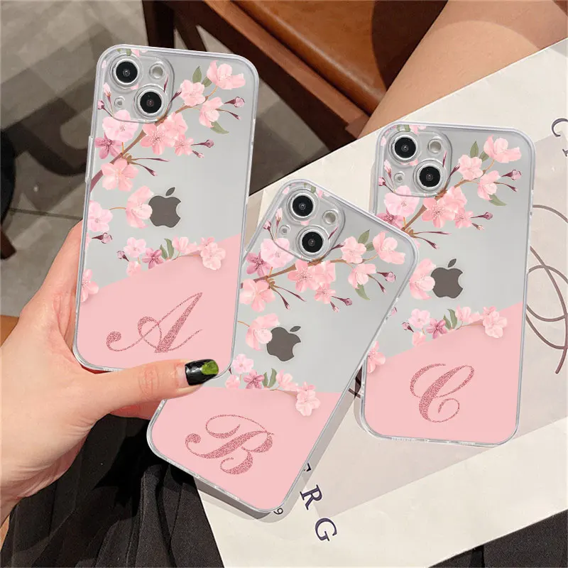 

Clear Case For Apple iPhone 14 11 13 12 Pro 7 8 Plus XR X XS Max 6 6S 13Pro Phone Cover Flower Letter Pink A B C Fashion Initial