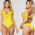 Женский слитный купальник, однотонный Желтый купальный костюм с оборками, пляжная одежда, 2022