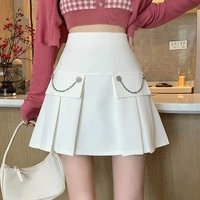 pleated skirt womens spring 2022 new design decorative chain high waist a line skirt casual solid cotton a line