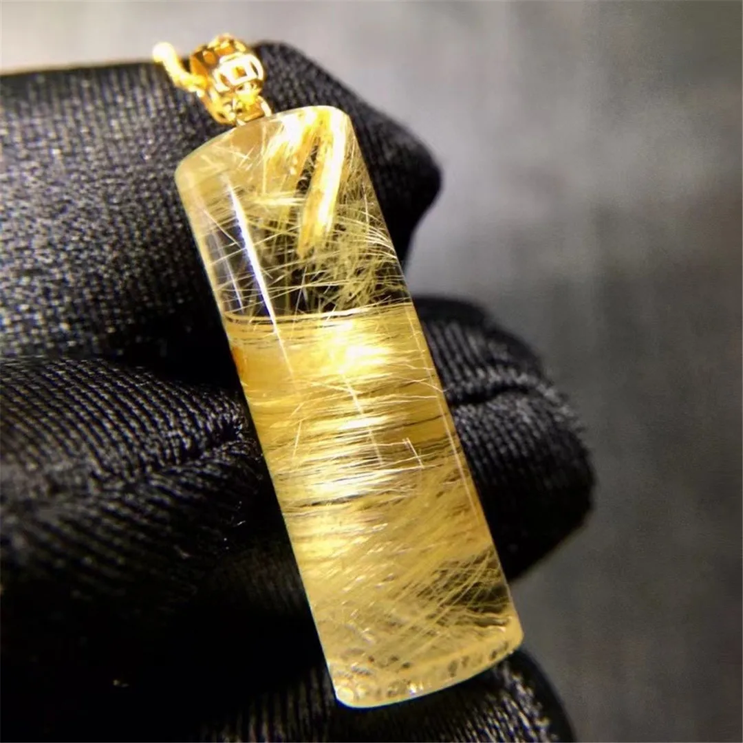 

Top Natural Gold Hair Rutilated Quartz Pendant 18K Gold For Woman Man Beauty Reiki Gift Crystal 24x8mm Beads Jewelry AAAAA
