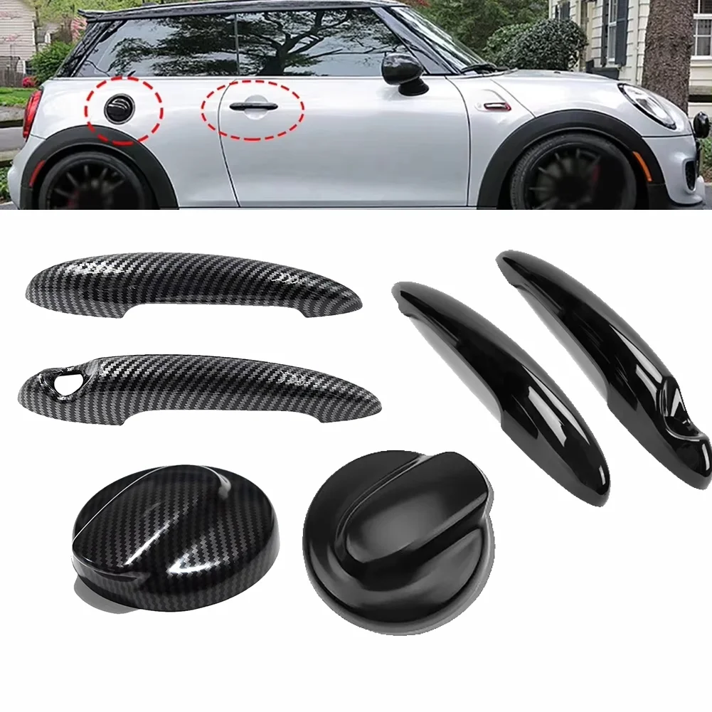 Фото Для MINI Cooper S R50 R53 R55 R56 R58 R59: накладки на боковые зеркала, ручки дверей и крышка топливного бака в глянцевом черном карбоновом исполнении №1