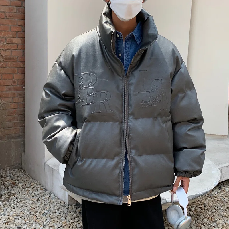 PU Leather Parkas Mens Hip Hop Streetwear Harajuku Solid Stand Collar Warm Thickened Puffer Jacket Bubble Coat with Pockets