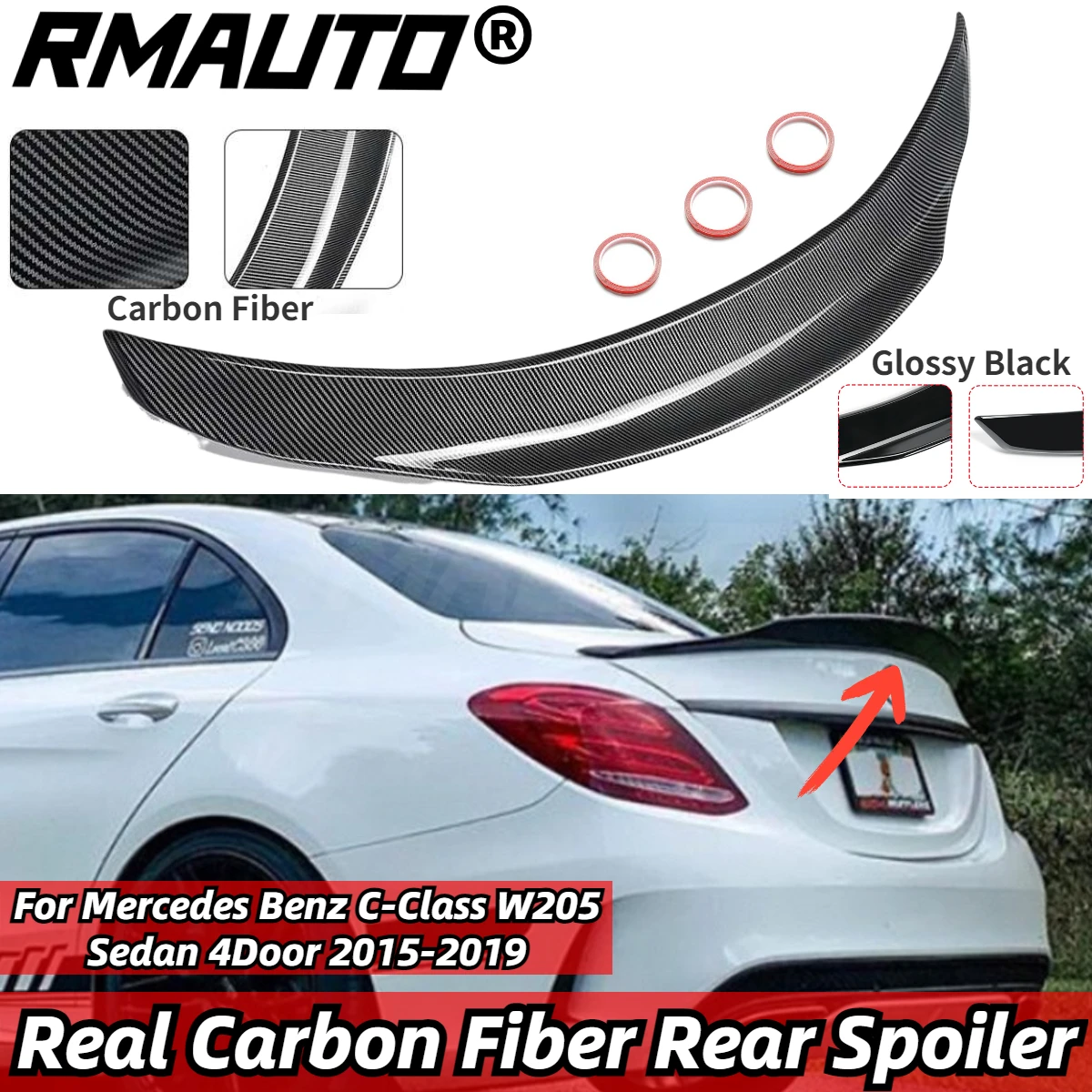 

RMAUTO Real Carbon Fiber PSM Style Car Rear Trunk Spoiler Wing Body Kit For Mercedes Benz C-Class W205 Sedan 4Door 2015-2019