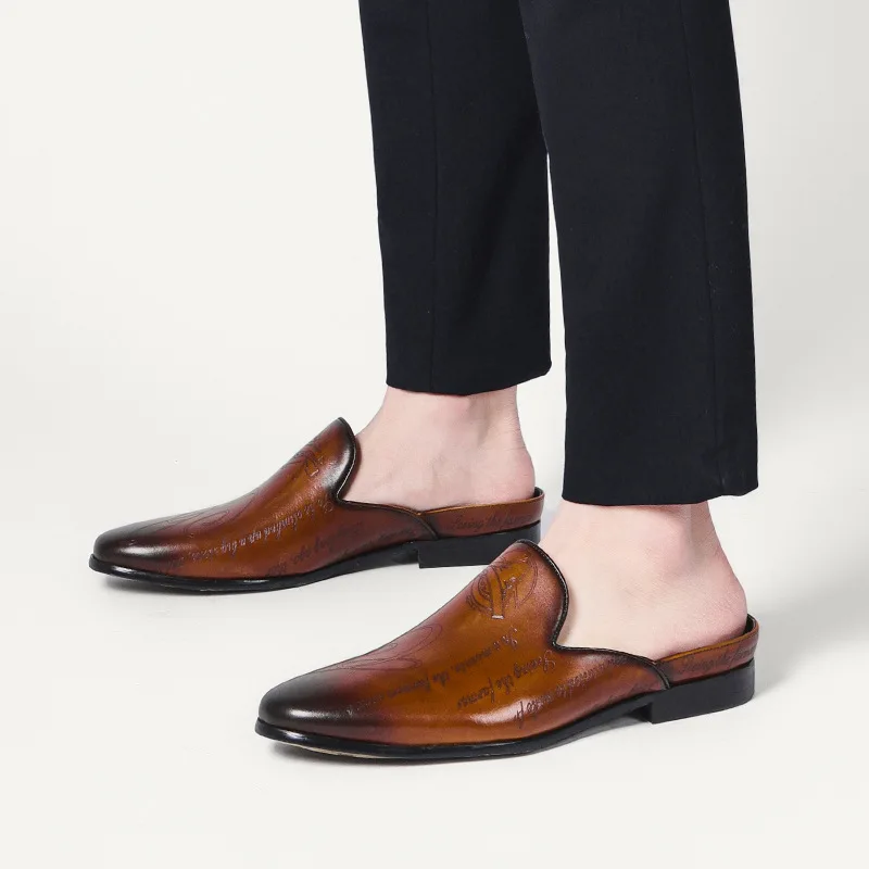 

British style men's half slippers leather summer new Baotou heelless leather shoes slippers pointed laser men's slippers