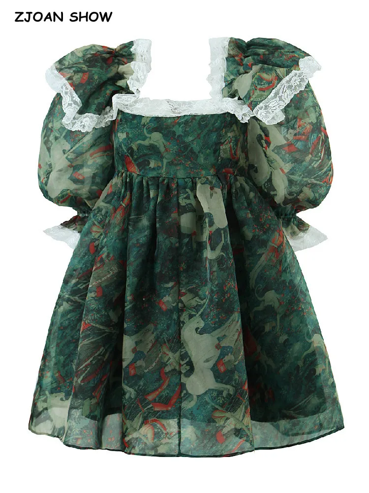 

Princess Green Flower Organza Dress Splice Lace Ruffles Shoulder Half Puff Sleeve Women Fairy Mini Robe Palace