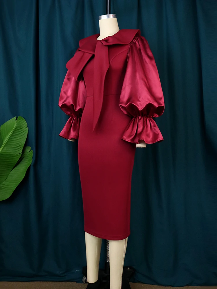 Plus Size Midi Dresses Long Flare Sleeve Sheath Red Office Lady Evening Cocktail Event Occasion Party Outfits for Ladies 4XL