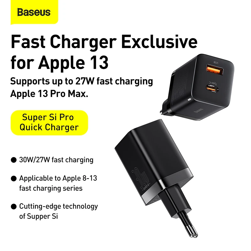 Фото Baseus 30 Вт USB C зарядное устройство супер Si Тип C мобильный телефон зарядное устройство PD QC3.0 Быстрая зарядка для IPhone 14 13 12 Pro Max Xiaomi Samsung №2