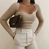 new ladies knitted sweater short top long sleeve heart neck casual fashion ladies slim tight knit sweater pullover 2021