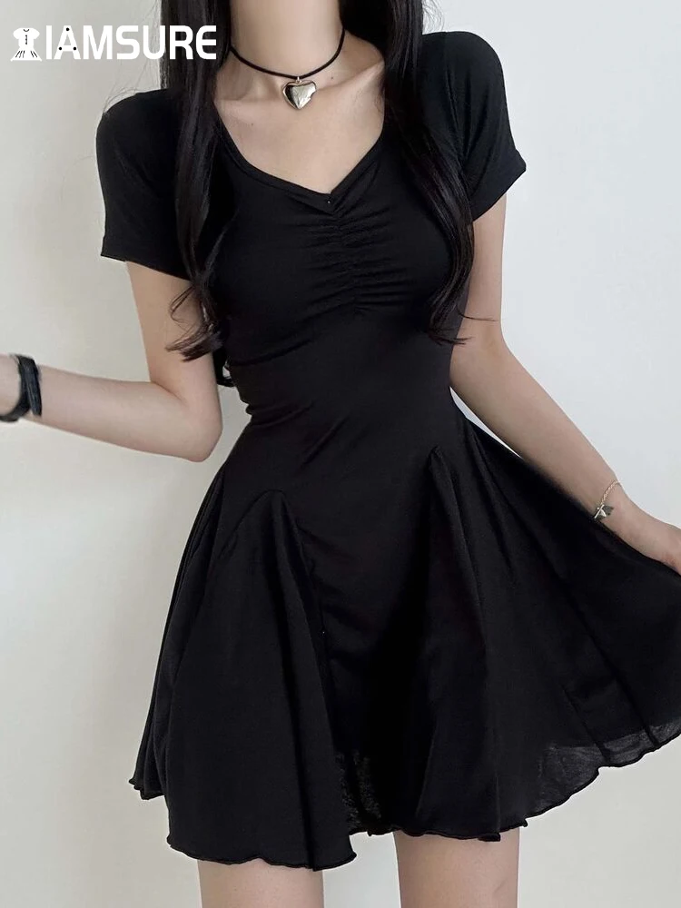 

Повседневное базовое однотонное платье-трапеция IAMSURE со складками, мини-платья в Корейском стиле с V-образным вырезом и коротким рукавом для женщин 2023, летняя мода для женщин