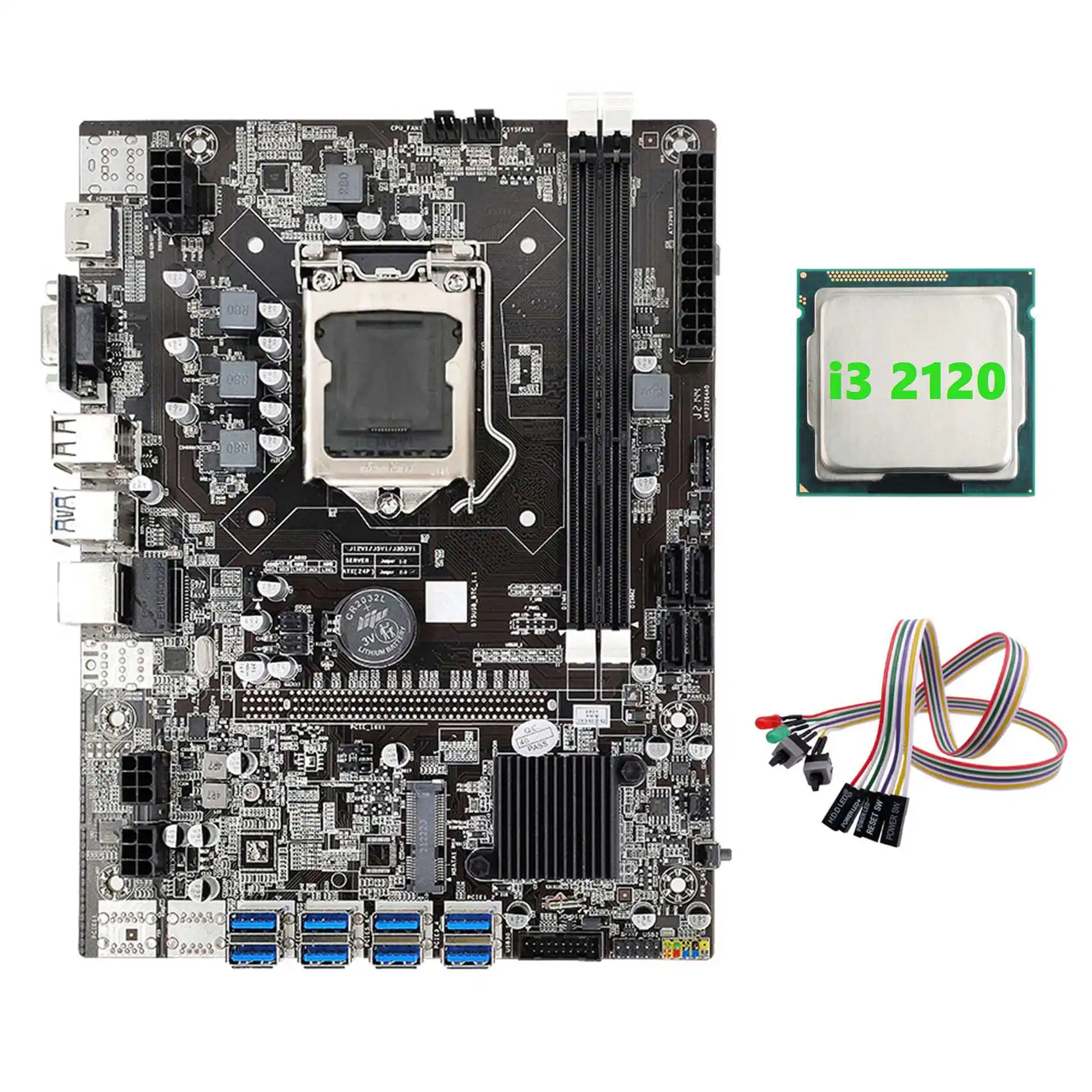 

B75 ETH Mining Motherboard 8XPCIE to USB+I3 2120 CPU+Dual Switch Cable with Light LGA1155 DDR3 B75 USB Miner Motherboard