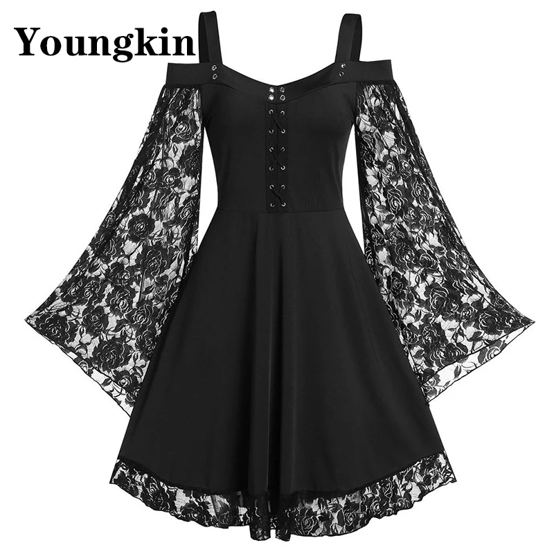 

Youngkin Lace Women Plus Size Dress Gothic Punk Party Club Flare Sleeve Casual Slash Neck Streetwear A-Line Mini Bandage Dresses